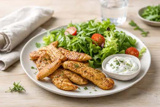 Aiguillettes de poulet dorées, posées dans une assiette avec une salade verte, des tomates cerises et une sauce au yaourt