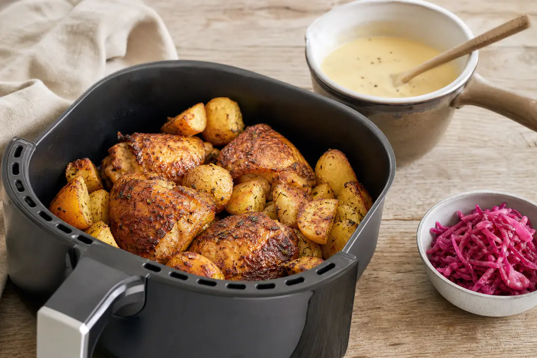 Un panier d’air fryer avec des pommes de terre dorées et des morceaux de poulet, à côté d’une casserole de sauce et d’un bol de chou mariné
