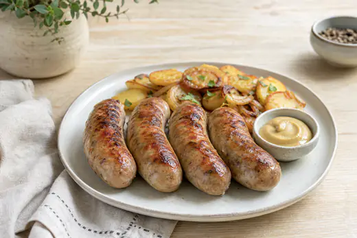 Quatre andouillettes grillées à la peau dorée, servies avec des pommes de terre sautées et un pot de moutarde