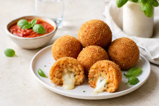 Arancini ronds et dorés dont un coupé en deux avec la mozzarella filante, posés sur une assiette avec une sauce tomate et du basilic