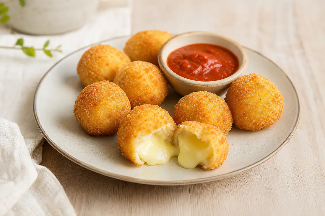 Huit mini-fromages panés et dorés dans une assiette, dont un coupé en deux avec le fromage fondu, avec un bol de sauce tomate