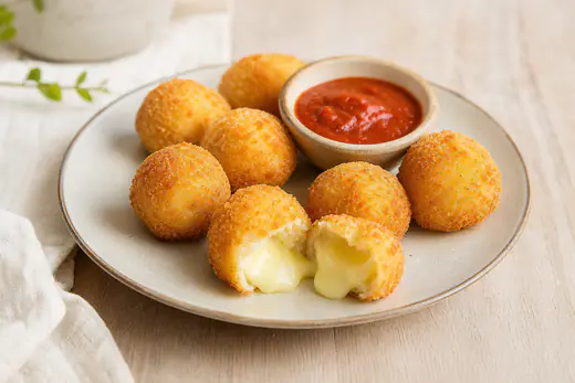 Huit mini-fromages panés et dorés dans une assiette, dont un coupé en deux avec le fromage fondu, avec un bol de sauce tomate
