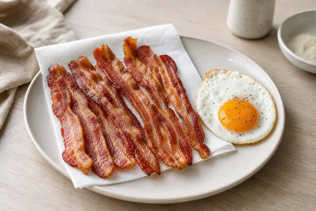 Huit tranches de bacon croustillantes, dorées et légèrement ondulées, posées sur du papier absorbant avec un œuf au plat à côté