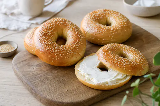 Quatre bagels dorés parsemés de graines de sésame, dont un coupé en deux et garni de fromage frais, sur une planche