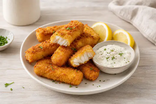 Bâtonnets de poisson panés dorés et croustillants, dont l’un est coupé en deux, servis avec une sauce blanche et du citron