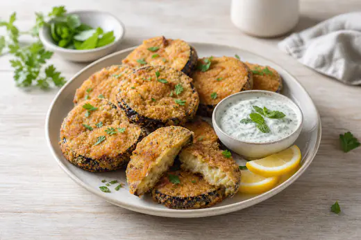 Rondelles d’aubergine panées et dorées sur une assiette, avec un bol de yaourt à la menthe et des quartiers de citron