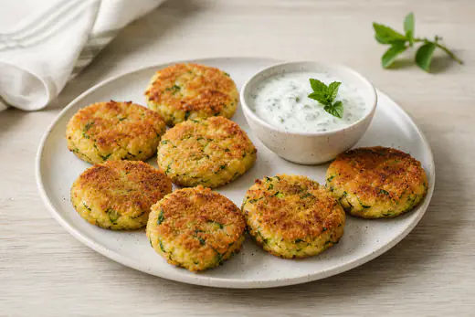 Huit petits beignets de courgettes ronds, panés et dorés, sur une assiette avec un bol de sauce au yaourt et à la menthe