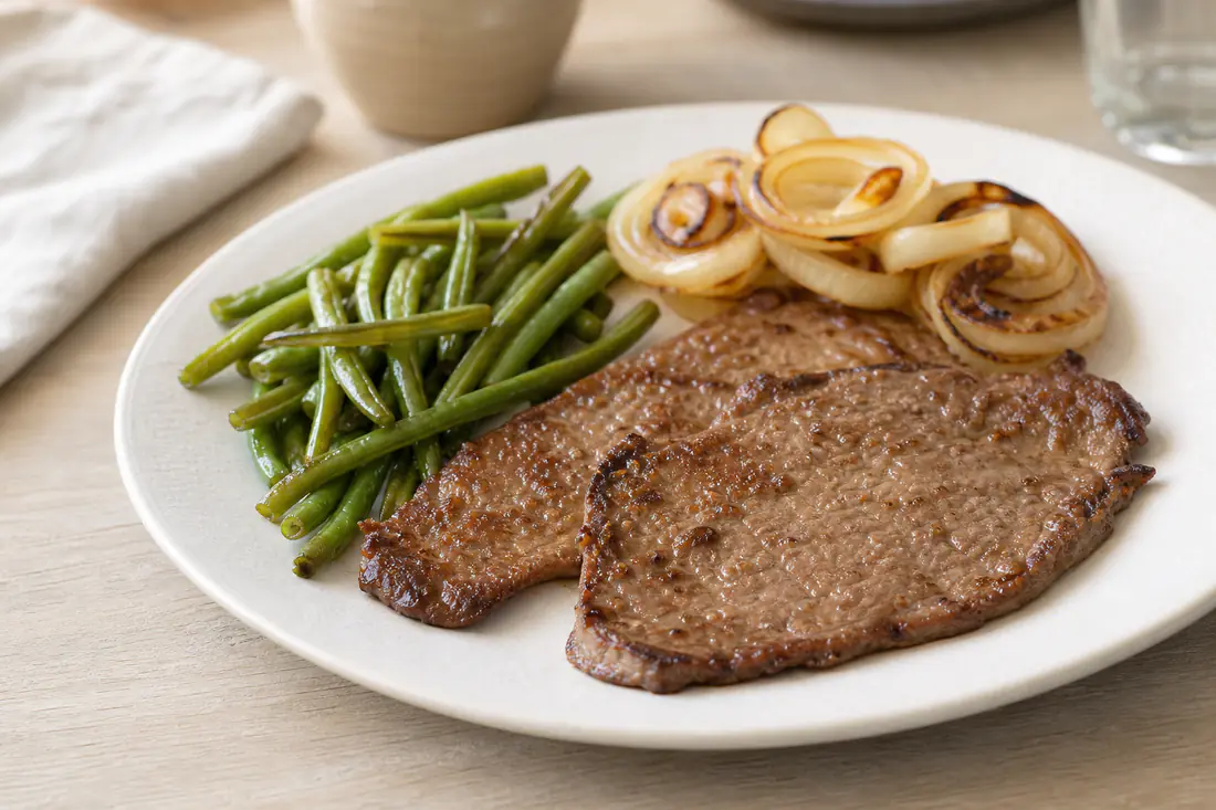 Deux biftecks fins bien dorés posés sur une assiette, avec des haricots verts et des rondelles d’oignon rôties