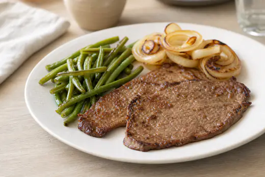 Deux biftecks fins bien dorés posés sur une assiette, avec des haricots verts et des rondelles d’oignon rôties