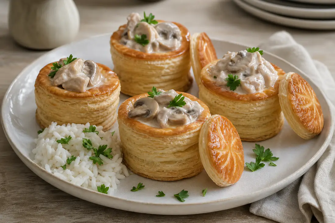 Quatre bouchées à la reine feuilletées garnies d’une sauce crémeuse aux champignons et à la volaille, avec un petit chapeau doré