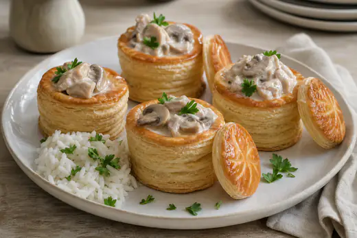 Quatre bouchées à la reine feuilletées garnies d’une sauce crémeuse aux champignons et à la volaille, avec un petit chapeau doré