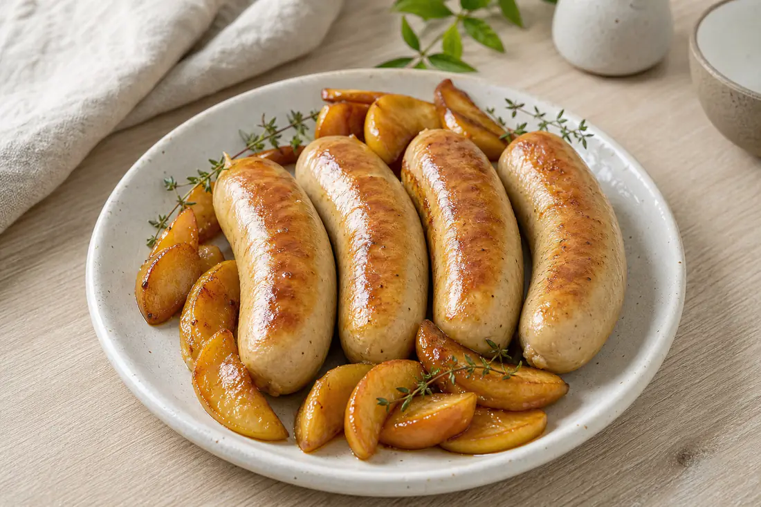 Quatre boudins blancs dorés servis avec des quartiers de pomme caramélisés et une branche de thym