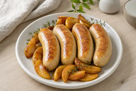 Quatre boudins blancs dorés servis avec des quartiers de pomme caramélisés et une branche de thym