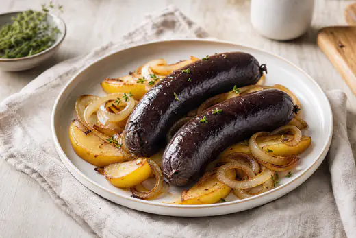 Des boudins noirs entiers servis avec des quartiers de pomme dorés et des rondelles d’oignon sur une assiette