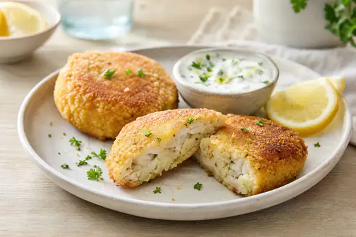 Croquettes rondes de poisson blanc dorées et croustillantes, dont l’une coupée en deux, servies avec du citron et une sauce blanche aux herbes