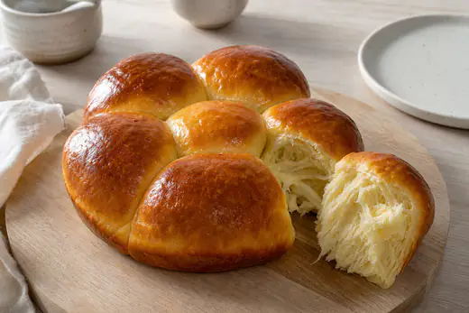 Brioche ronde dorée faite de six boules de pâte, démoulée sur une planche en bois avec une part déchirée montrant la mie filante