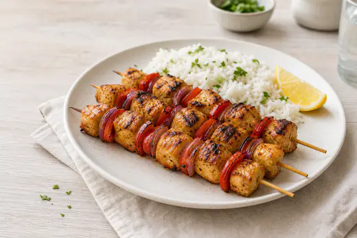 Quatre brochettes de poulet mariné avec poivron rouge et oignon rouge grillés, posées sur une assiette avec du riz et du citron