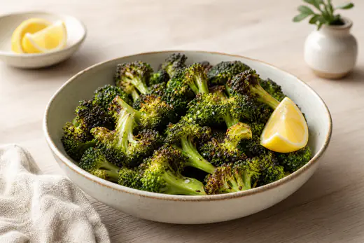 Fleurettes de brocoli rôties, les têtes croustillantes et dorées, avec du citron dans un bol creux