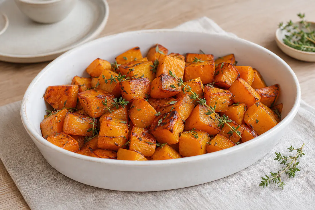 Cubes de courge butternut rôtis, orange vif et caramélisés sur les bords, avec du thym, dans un plat blanc