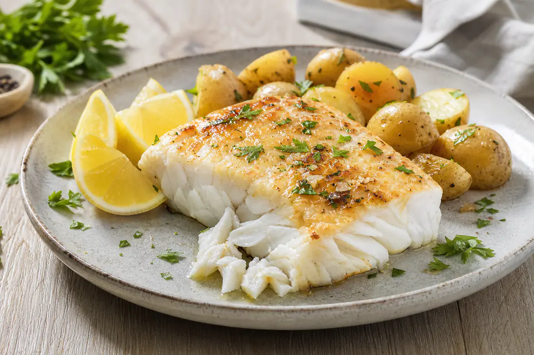 Dos de cabillaud blanc nacré, doré en surface, servi avec du citron, du persil frais et des pommes de terre grenaille