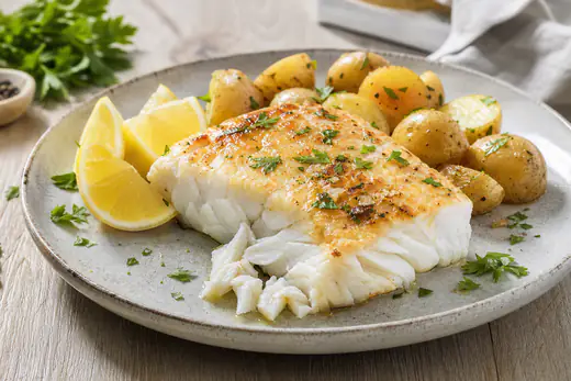 Dos de cabillaud blanc nacré, doré en surface, servi avec du citron, du persil frais et des pommes de terre grenaille