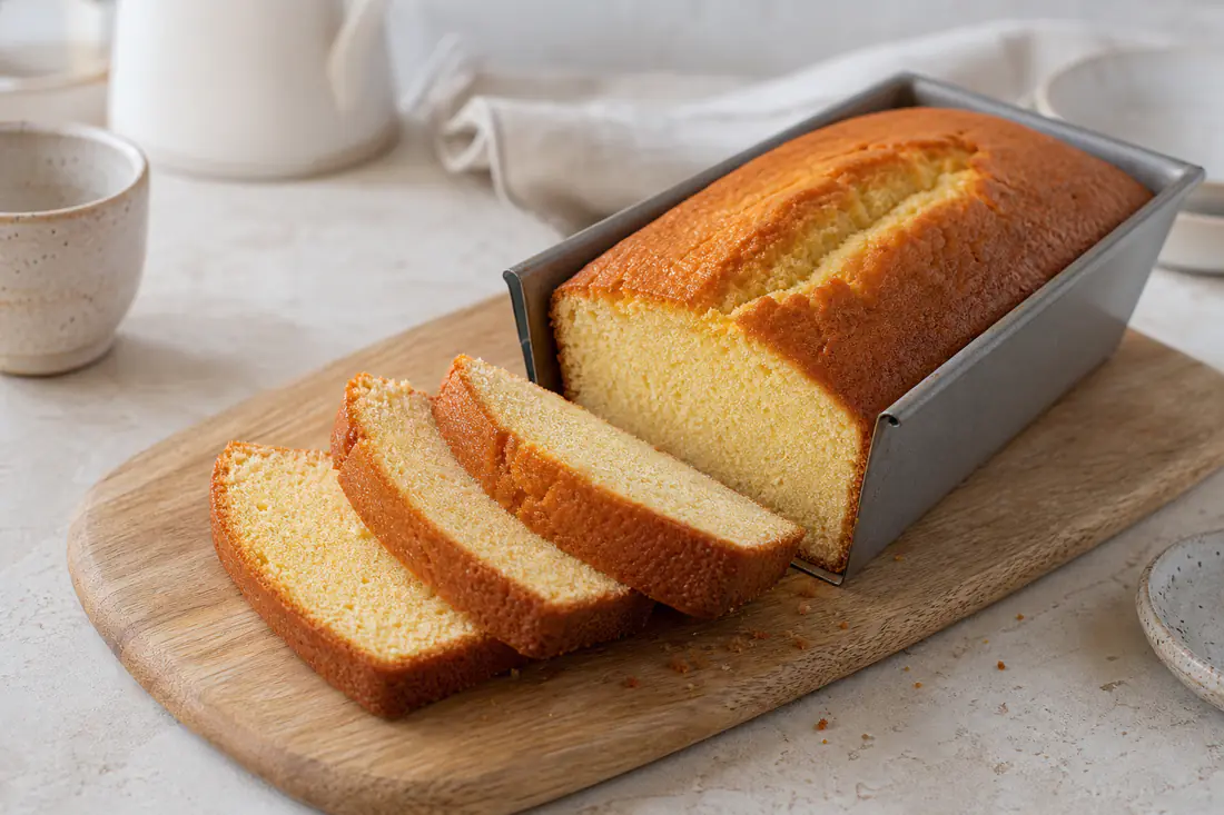 Cake nature doré dans son moule à cake, quelques tranches coupées montrant une mie dense et moelleuse, posé sur une planche en bois
