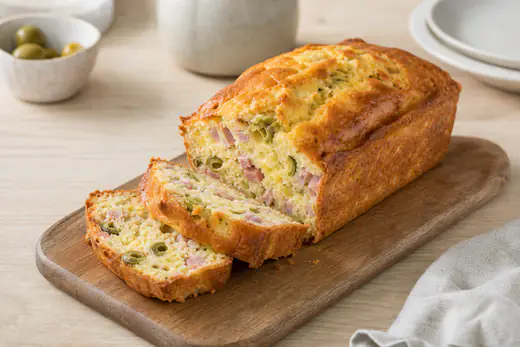 Petit cake salé doré de 18 cm, rectangulaire, tranché en épaisses tranches montrant des dés de jambon, des olives vertes et du fromage fondu