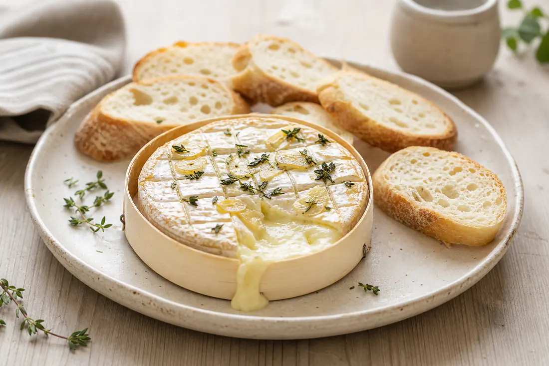 Un camembert rôti dans sa boîte en bois, coulant au centre, piqué d’ail et de thym, avec des tranches de baguette grillée autour