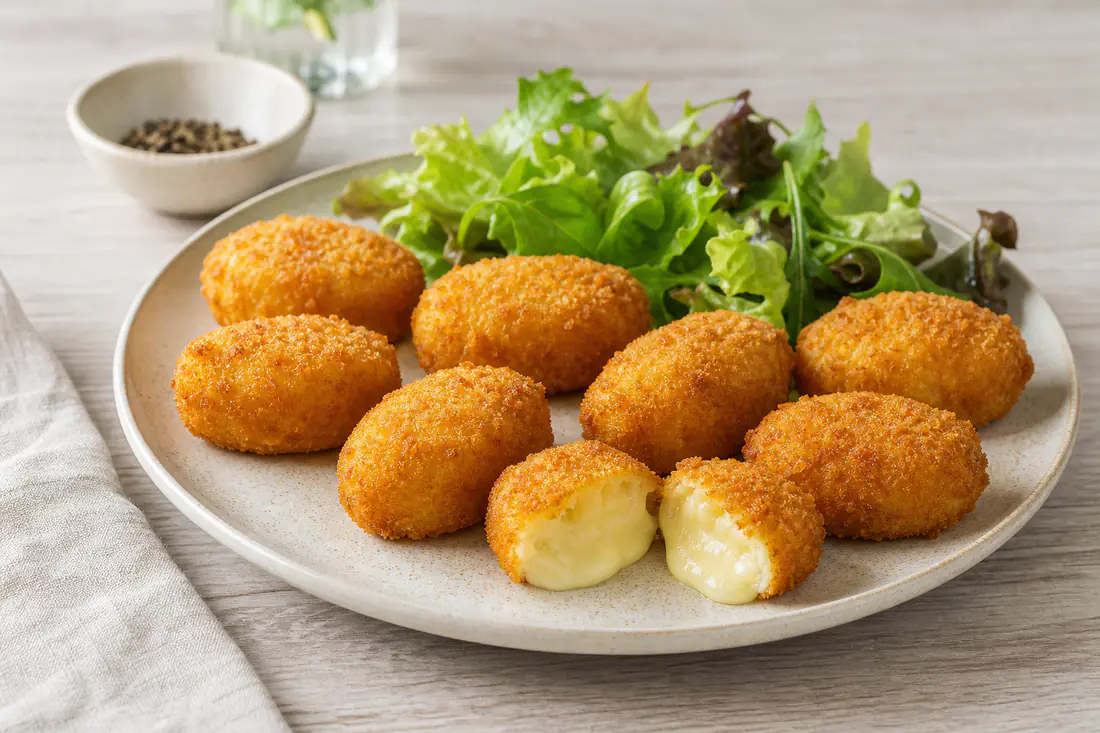Huit morceaux de Caprice des Dieux panés et dorés, dont un coupé en deux avec le fromage crémeux visible, servis avec une salade verte