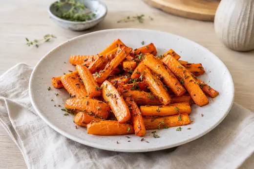 Bâtonnets de carottes rôties, légèrement caramélisés, saupoudrés de thym et de cumin, dans une assiette