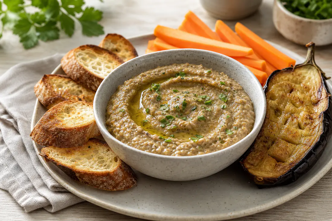 Bol de caviar d’aubergine lisse avec un filet d’huile d’olive et du persil, entouré de toasts et de bâtonnets de légumes