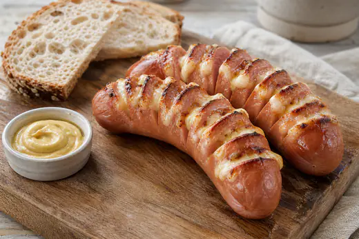 Cervelas entaillés en éventail et dorés, avec du fromage fondu entre les entailles, servis avec de la moutarde et du pain