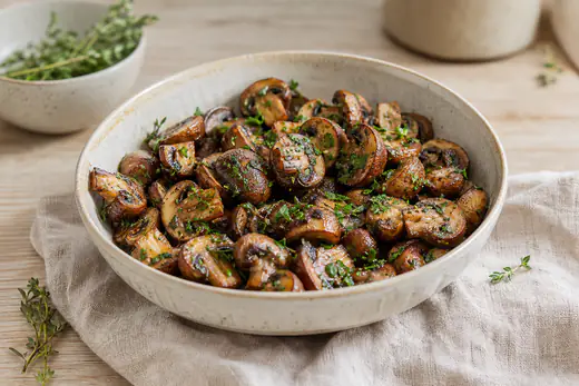 Champignons de Paris coupés en deux, rôtis et dorés, parsemés de persil frais, servis dans une assiette creuse