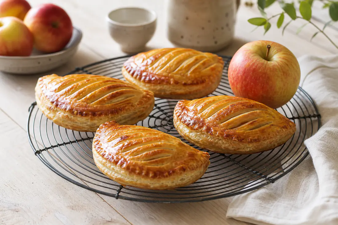 Quatre chaussons aux pommes en demi-lune, feuilletés et dorés, avec des entailles sur le dessus, posés sur une grille avec une pomme
