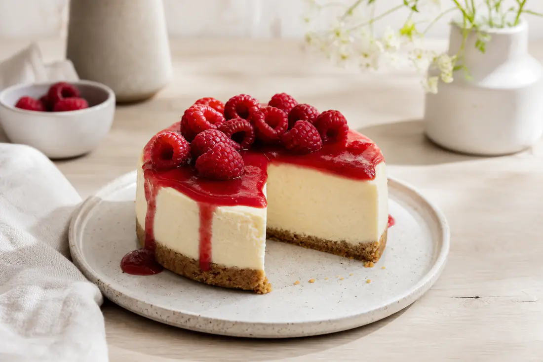 Cheesecake rond crémeux sur une base de biscuits, une part découpée, nappé de coulis de fruits rouges et garni de framboises, sur un plat
