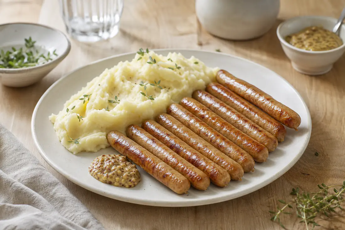 Huit chipolatas fines et dorées, servies sur une assiette avec une purée de pommes de terre et de la moutarde