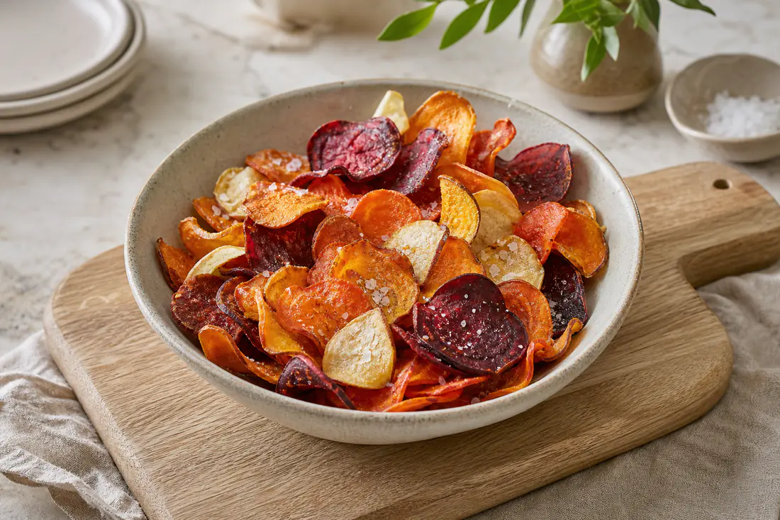 Bol de chips de légumes croustillantes colorées, patate douce orange, betterave rouge, panais et carotte, avec du sel en fleur