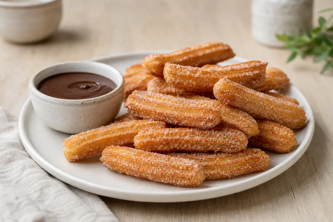 Churros dorés striés roulés dans le sucre à la cannelle, servis sur une assiette avec un petit bol de sauce au chocolat