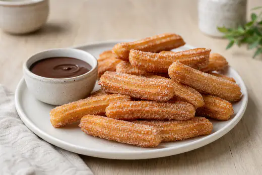 Churros dorés striés roulés dans le sucre à la cannelle, servis sur une assiette avec un petit bol de sauce au chocolat