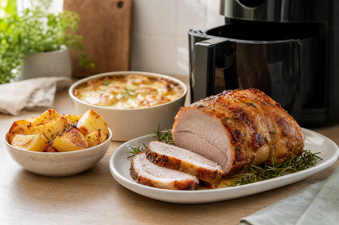 Un rôti de porc doré, des quartiers de pommes de terre et un gratin dans un petit plat posés devant un airfryer ouvert sur un plan de travail