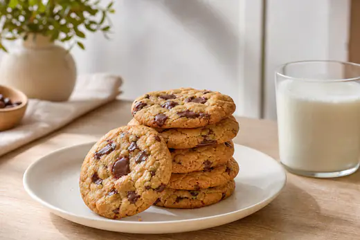 Cookies ronds aux pépites de chocolat, bords dorés et cœur moelleux, empilés sur une assiette blanche avec un verre de lait