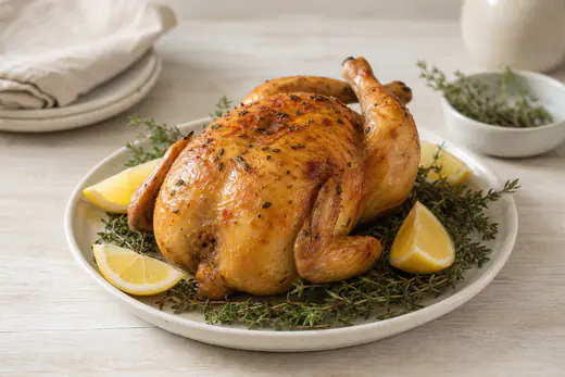 Un coquelet rôti à la peau dorée, entier sur une assiette, entouré de thym et de quartiers de citron