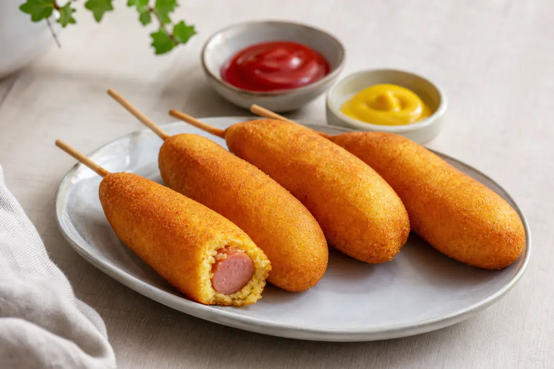Quatre corn dogs dorés sur piques en bois, la panure au maïs croustillante, avec des petits bols de ketchup et de moutarde