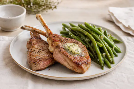 Deux côtes de veau avec l’os, dorées, surmontées de beurre aux herbes fondant, servies avec des haricots verts