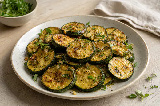 Rondelles de courgette rôties, dorées sur les deux faces, avec des herbes et une pointe d’ail, dans une assiette