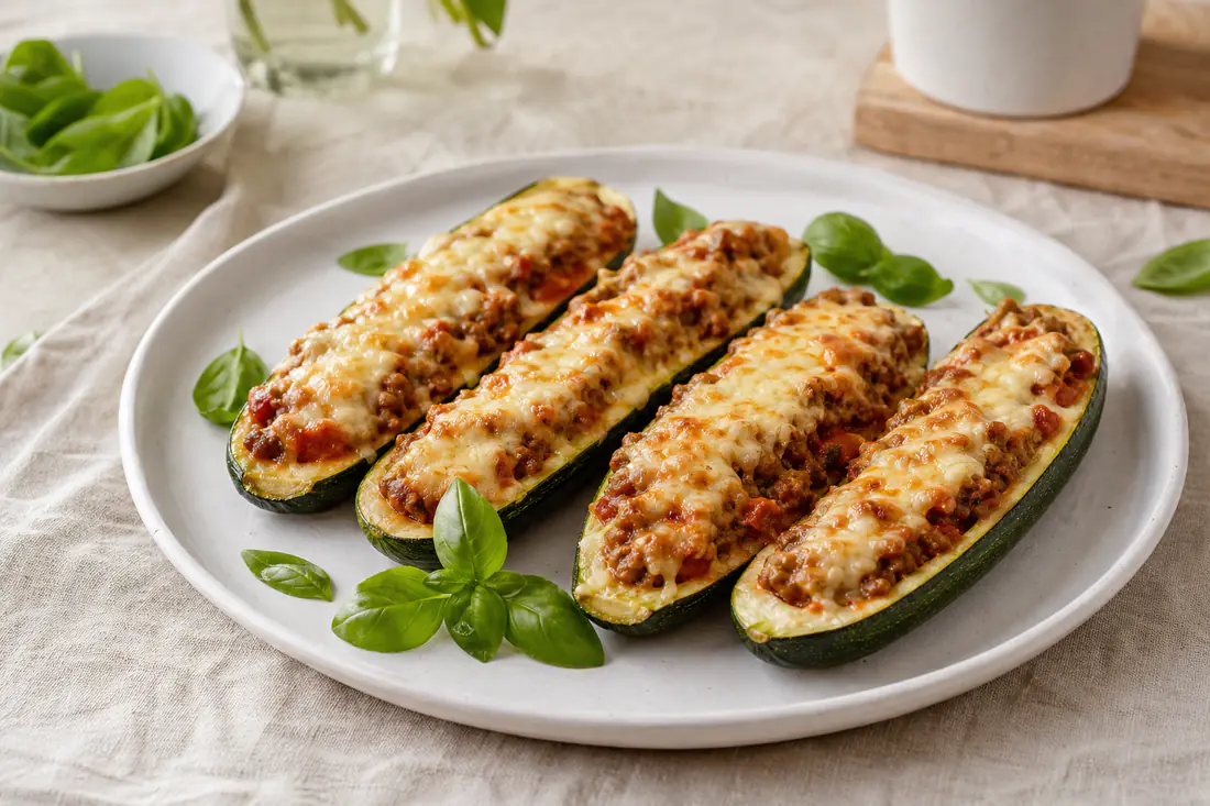 Quatre moitiés de courgettes farcies à la viande hachée et à la tomate, gratinées au fromage, sur une assiette avec du basilic