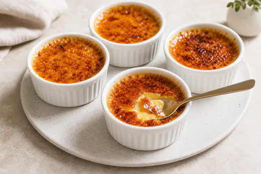 Quatre ramequins ronds de crème brûlée avec une croûte de caramel brun doré fissurée à la cuillère, posés sur un plan de travail clair