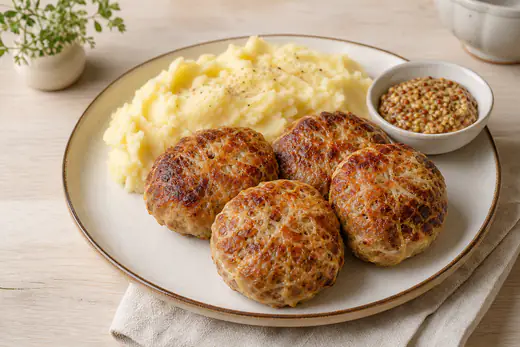 Quatre crépinettes de porc dorées dans leur crépine, servies avec une purée de pommes de terre et une moutarde à l’ancienne
