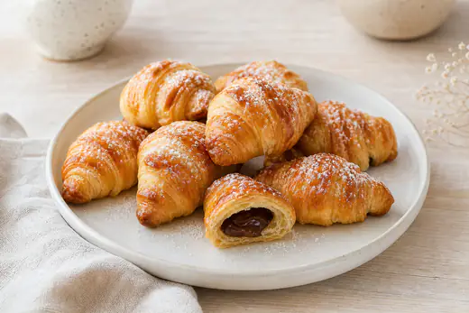 Petits croissants feuilletés dorés et brillants, dont un coupé en deux et fourré de chocolat, sur une assiette