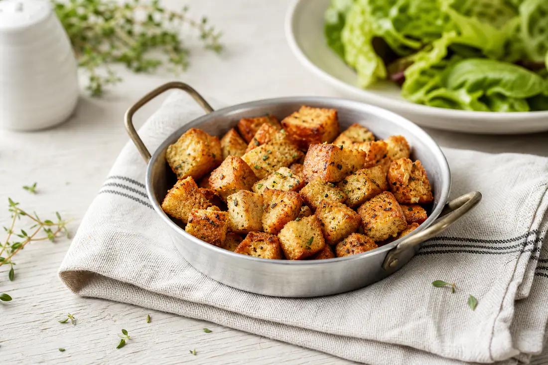 Croûtons de pain dorés en cubes de 2 cm, aux herbes, dans un petit plat rond en métal posé sur un torchon, avec une salade verte